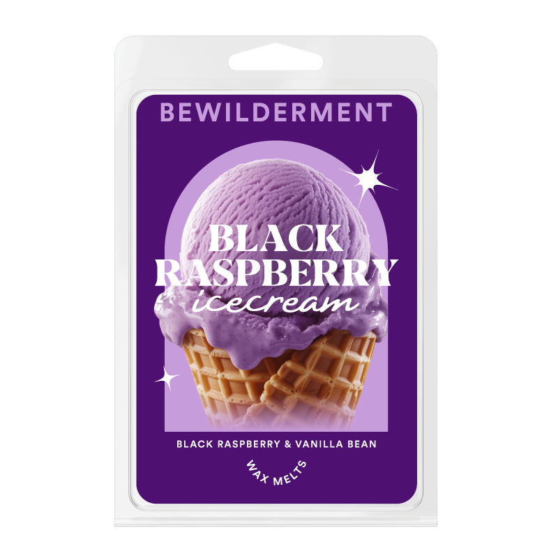 Purple ice cream scoop on waffle cone illustration on black raspberry vanilla wax melts packaging.