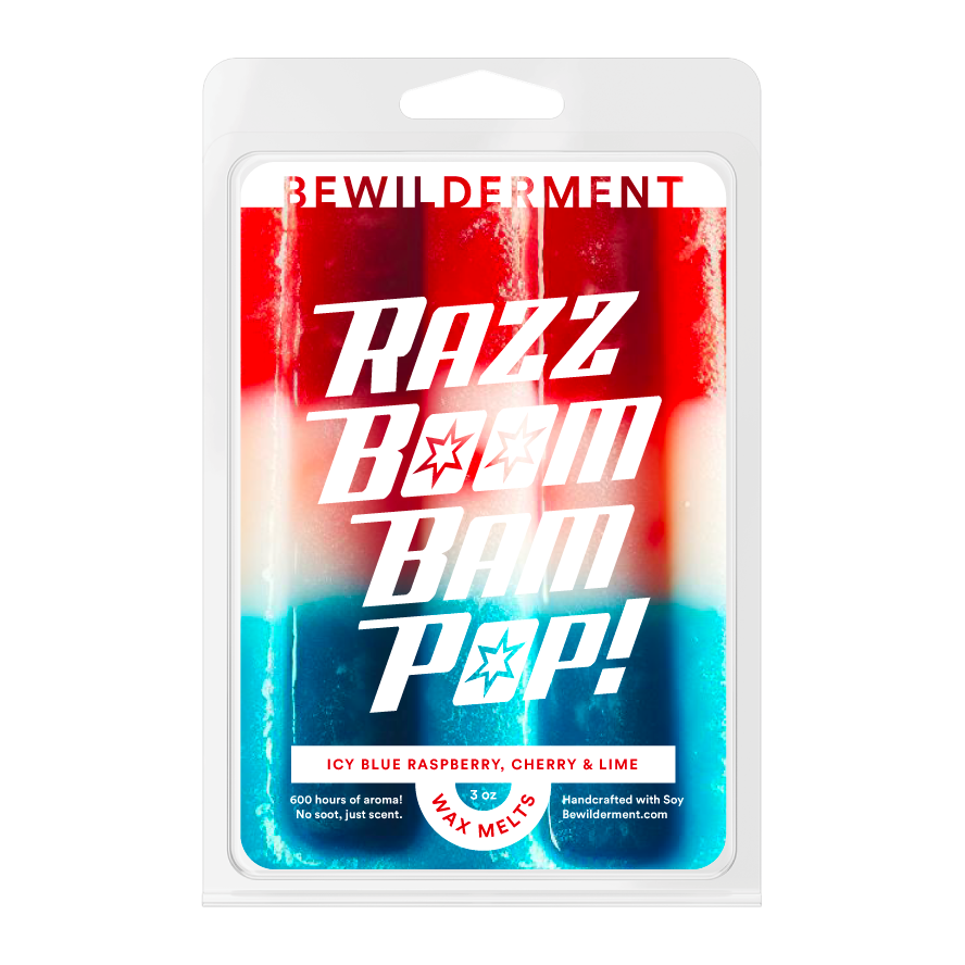 Razz Boom Bam Pop! wax melts package with red, white, and blue gradient and star accents.