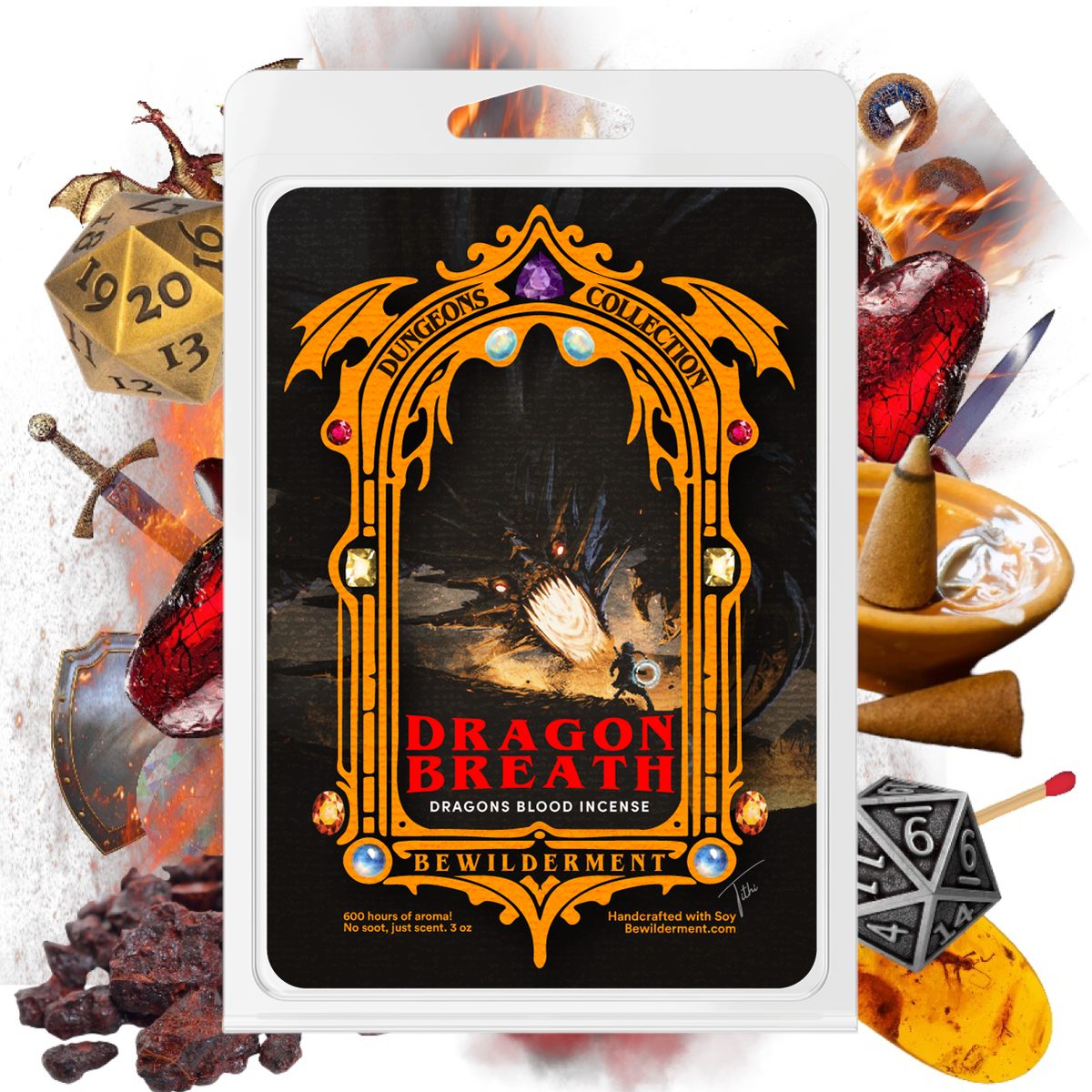 Wax melt packaging with ornate golden frame, fiery dragon illustration, and bold red "Dragon Breath" text on black background.