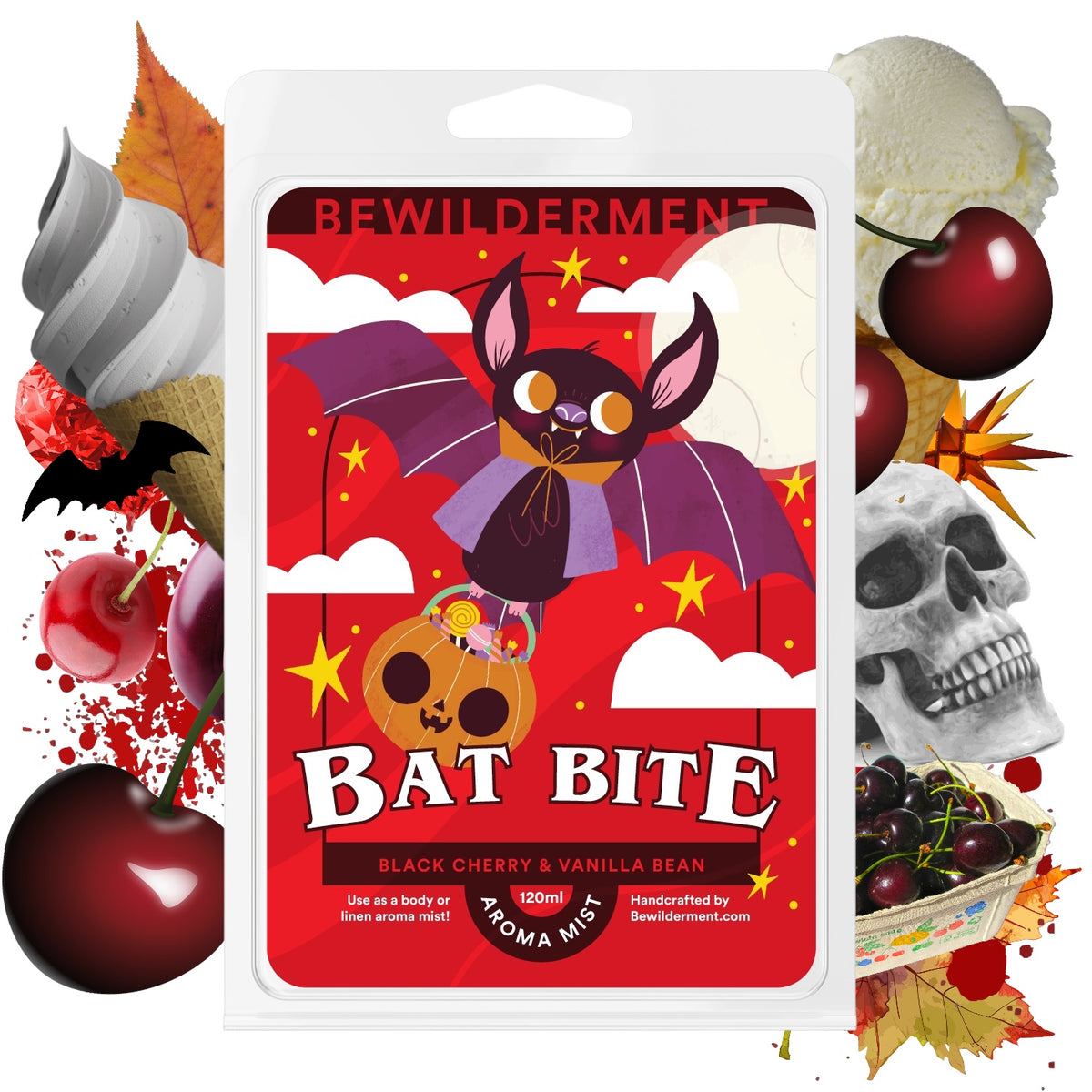 Red wax melts package with a cartoon bat holding a skull, labeled "Bat Bite" with black cherry and vanilla bean scent.