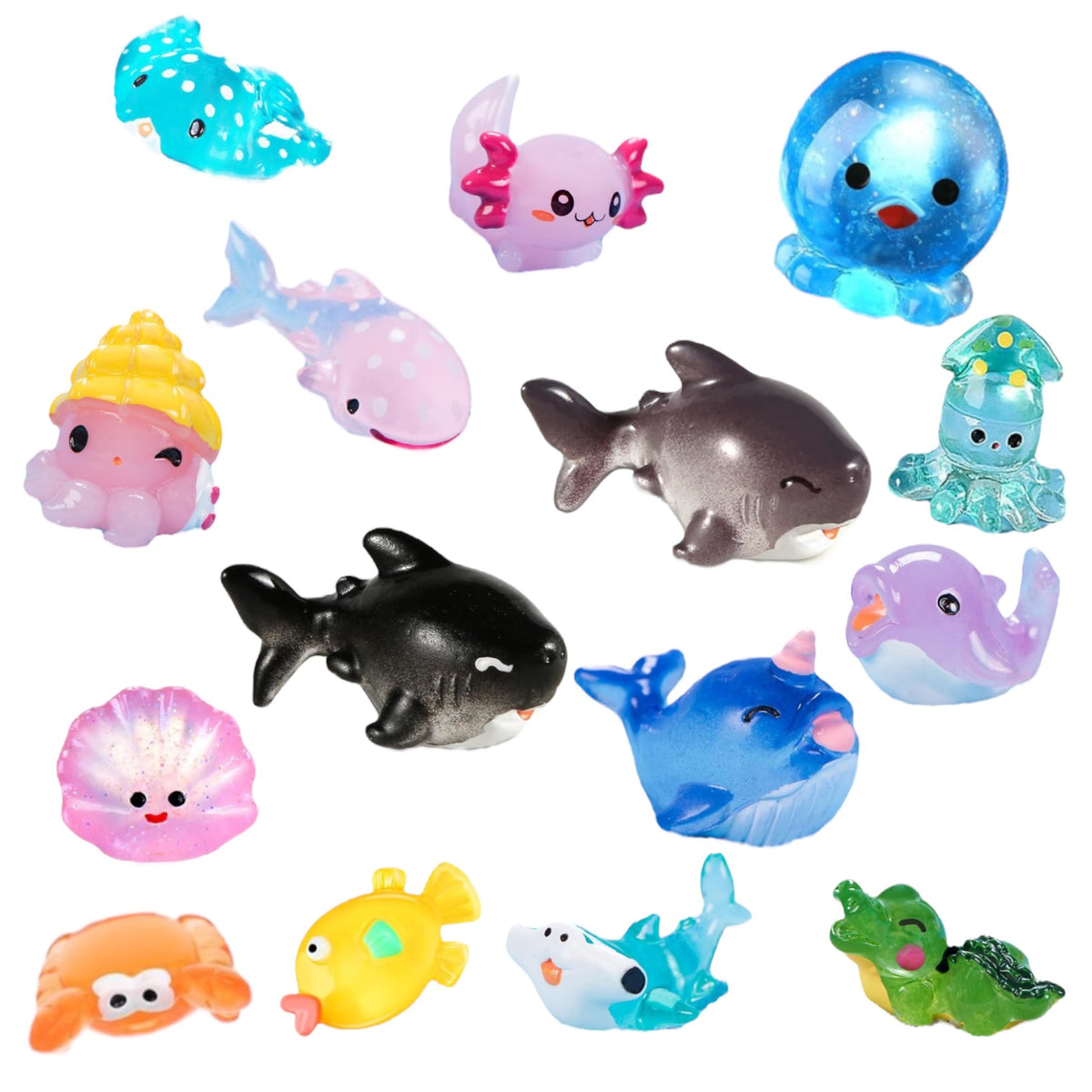 Colorful wax melts shaped like sea creatures including sharks, fish, octopus, crab, whale, and shells in pastel and bright.