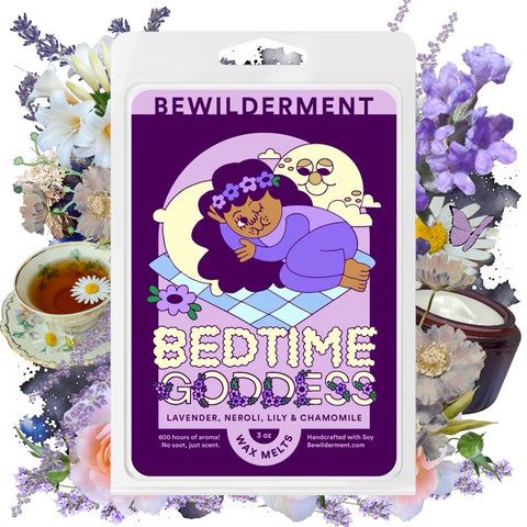Lavender, lollipop, and chamomile scented wax melts with cartoon girl and moon on purple label.