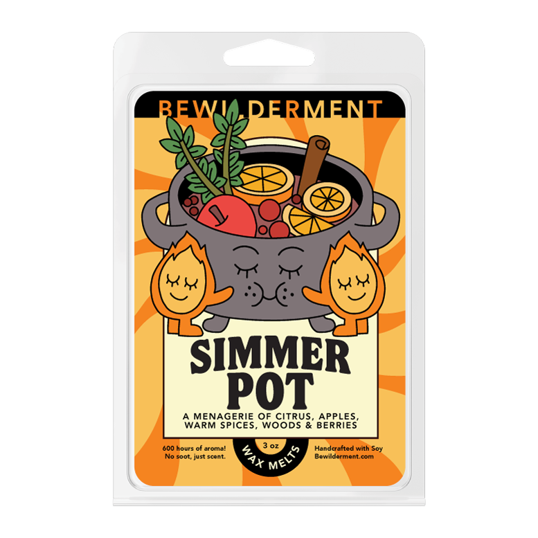 Wax melt pack with label showing a smiling simmer pot filled with citrus, apple, cinnamon, and berries illustration on.