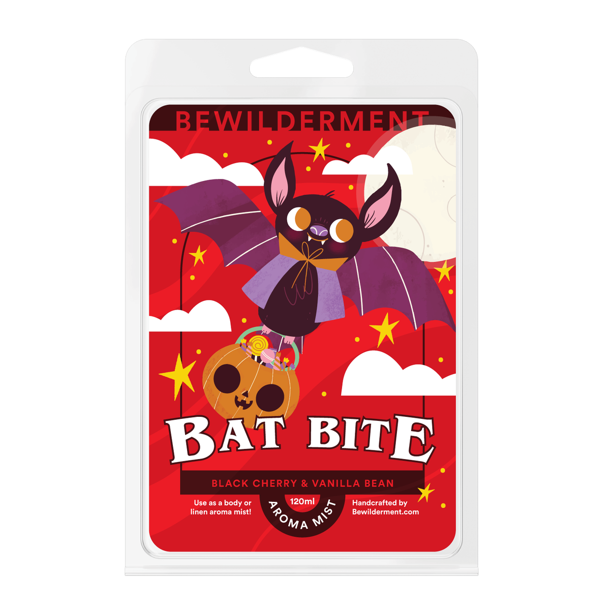 Colorful wax melt packaging featuring a cartoon bat with purple wings holding a skull on a red background with stars.