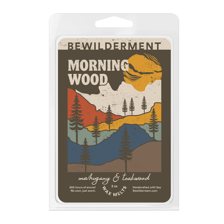 Morning Wood wax melts pack with illustrated mountain and forest scene in muted earth tones.