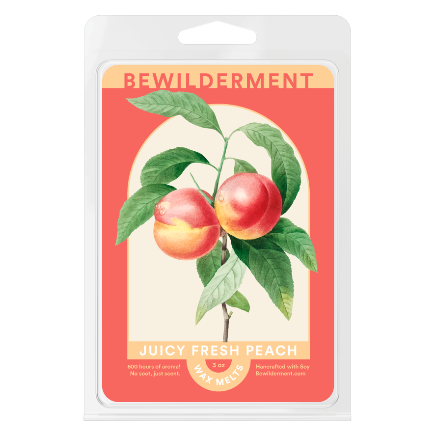 Peach-scented wax melts clamshell with illustrated peach branch on coral background.